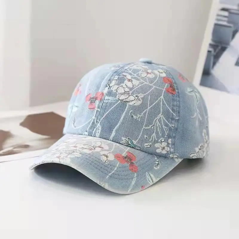 Women's Blue Floral Denim Baseball Cap - Image 7