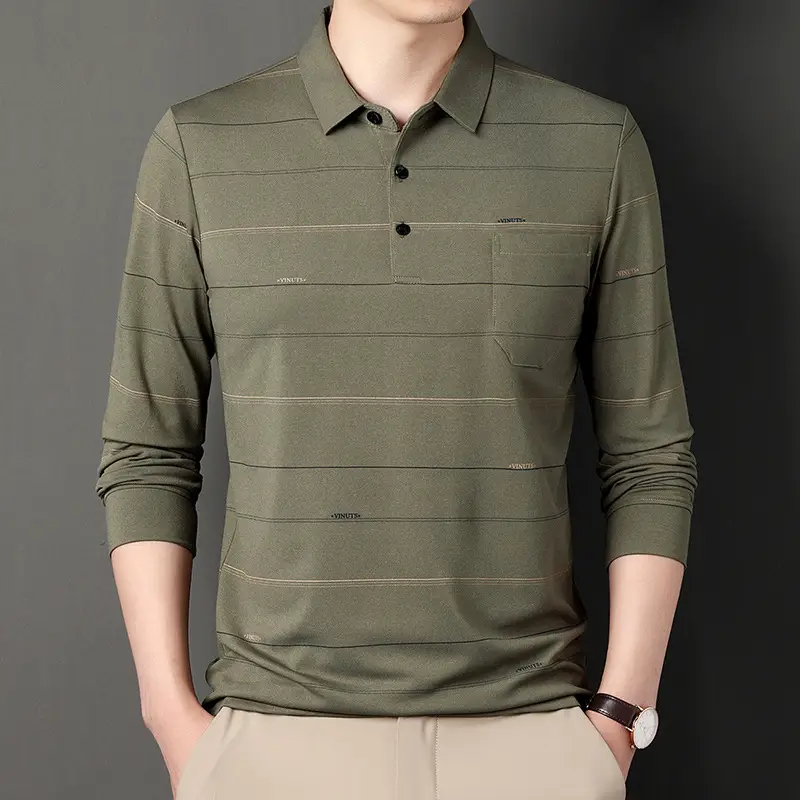 Men Long Sleeve Striped Polo Shirt Brown - Image 6