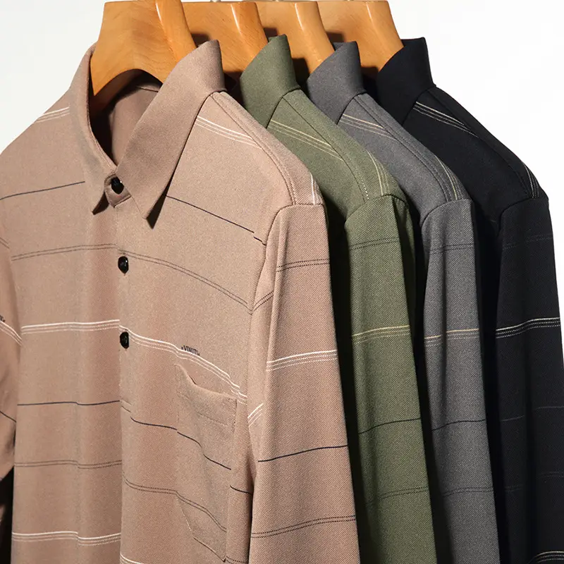 Men Long Sleeve Striped Polo Shirt Brown - Image 8