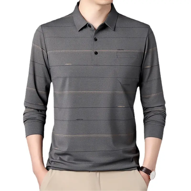 Men Long Sleeve Striped Polo Shirt Brown - Image 9