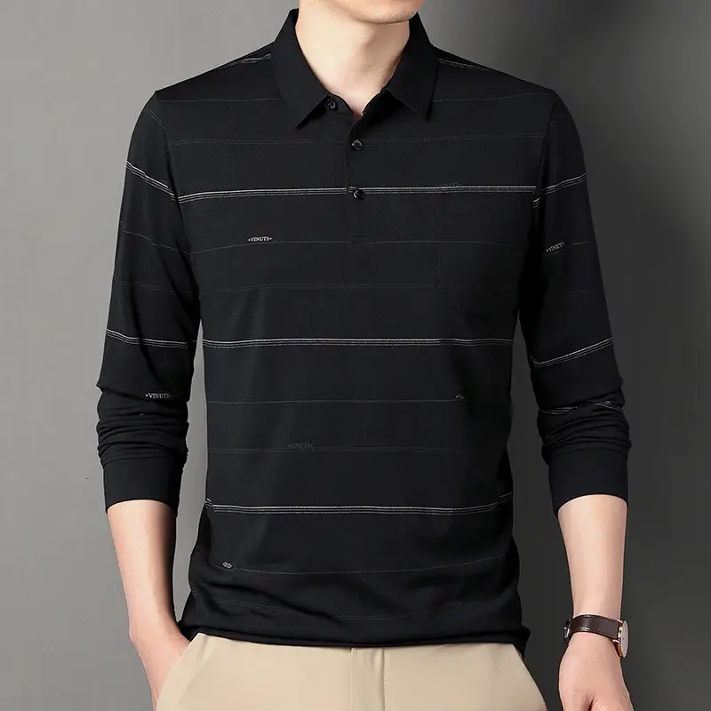 Men Long Sleeve Striped Polo Shirt Brown - Image 2