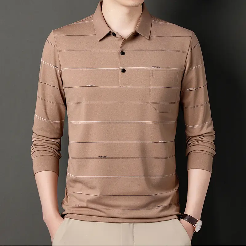 Men Long Sleeve Striped Polo Shirt Brown - Image 4
