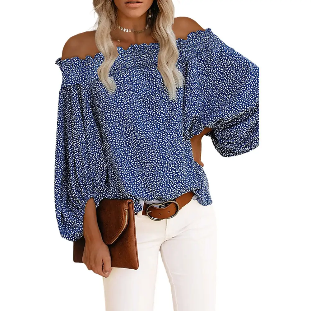 Off-shoulder Chiffon Shirt with Lantern Sleeves White Floral - Image 6