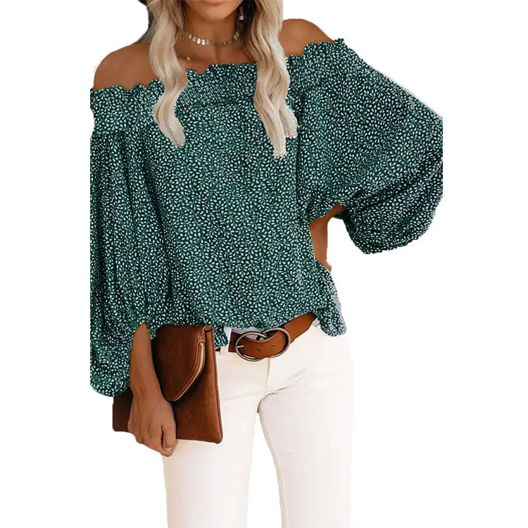 Off-shoulder Chiffon Shirt with Lantern Sleeves White Floral - Image 4