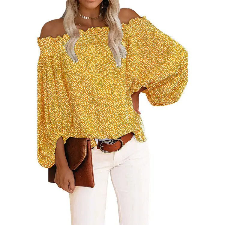 Off-shoulder Chiffon Shirt with Lantern Sleeves White Floral - Image 2