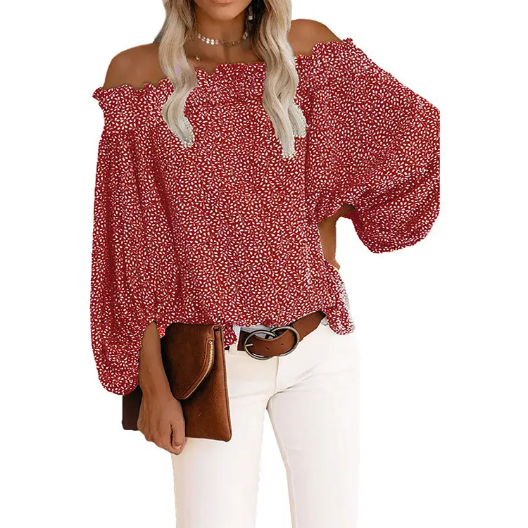 Off-shoulder Chiffon Shirt with Lantern Sleeves White Floral - Image 3
