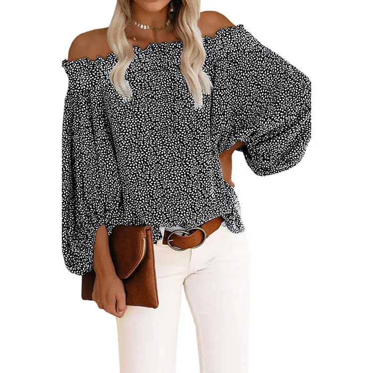 Off-shoulder Chiffon Shirt with Lantern Sleeves White Floral - Image 5
