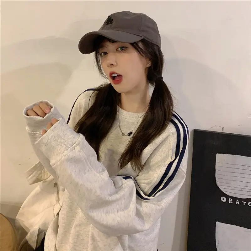 Women Long Sleeve Sweatshirt Navy Orange Stripes — feature 10