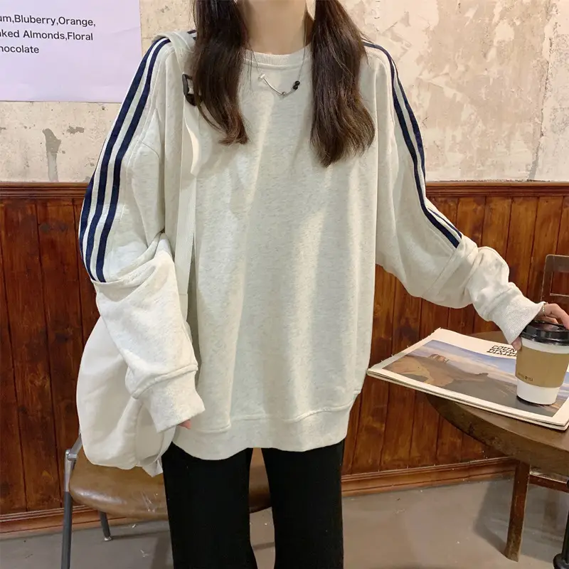 Women Long Sleeve Sweatshirt Navy Orange Stripes — feature 12