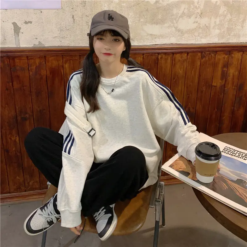 Women Long Sleeve Sweatshirt Navy Orange Stripes — feature 13