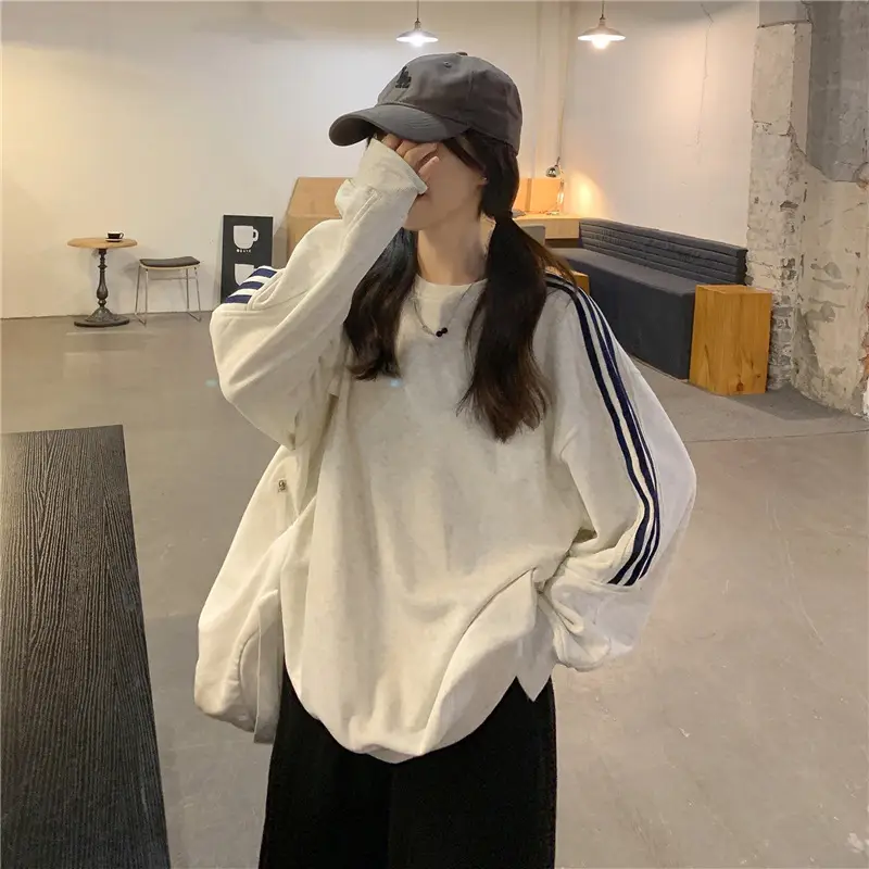 Women Long Sleeve Sweatshirt Navy Orange Stripes — feature 14