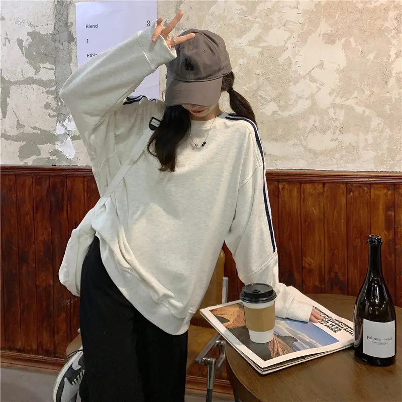 Women Long Sleeve Sweatshirt Navy Orange Stripes — feature 15