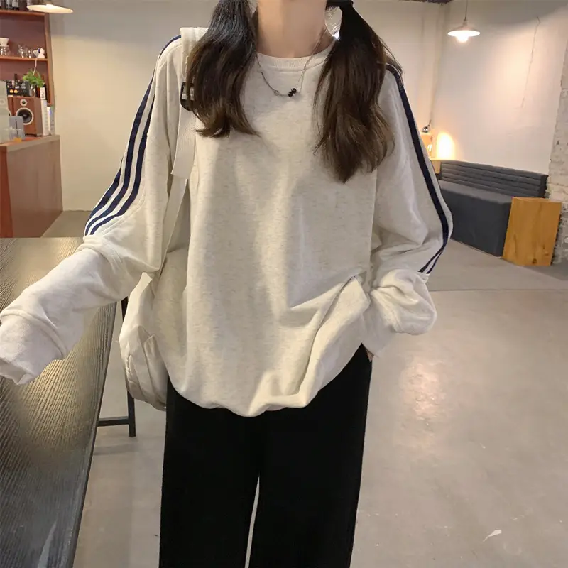 Women Long Sleeve Sweatshirt Navy Orange Stripes — feature 18