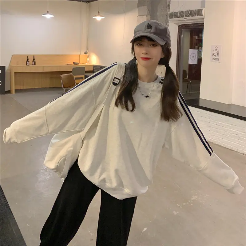 Women Long Sleeve Sweatshirt Navy Orange Stripes — feature 19