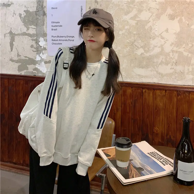 Women Long Sleeve Sweatshirt Navy Orange Stripes — feature 20