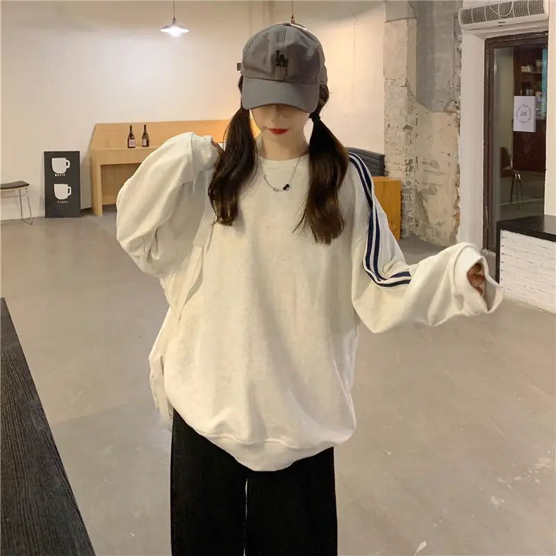 Women Long Sleeve Sweatshirt Navy Orange Stripes — feature 21
