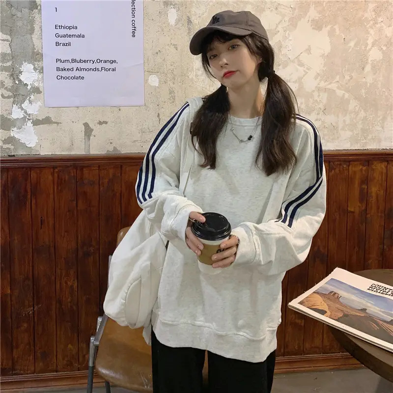 Women Long Sleeve Sweatshirt Navy Orange Stripes — feature 24