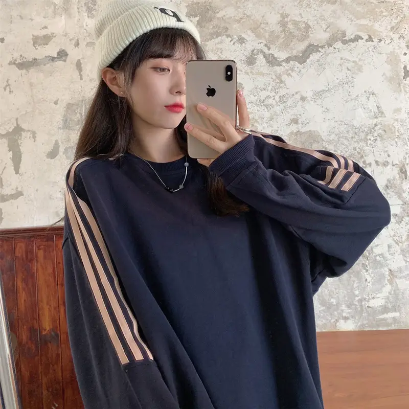 Women Long Sleeve Sweatshirt Navy Orange Stripes — feature 27