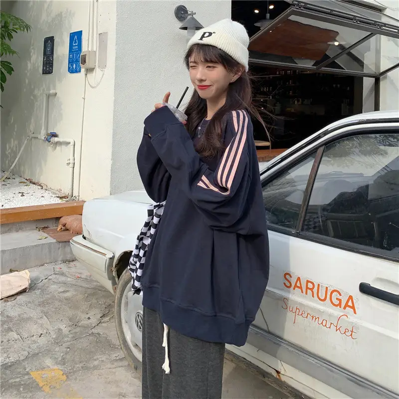 Women Long Sleeve Sweatshirt Navy Orange Stripes — feature 30