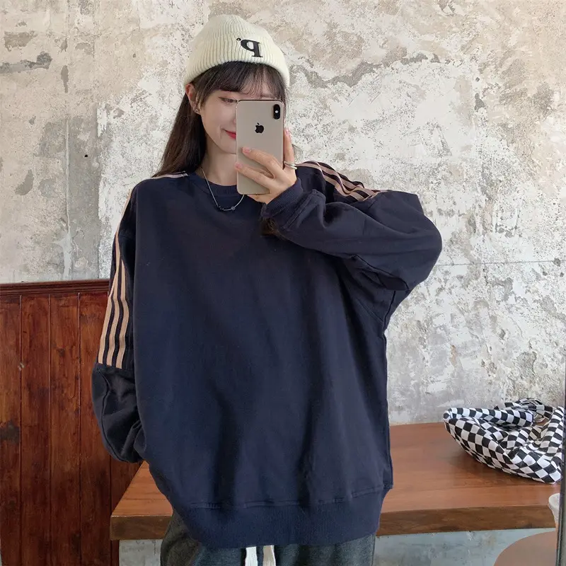 Women Long Sleeve Sweatshirt Navy Orange Stripes — feature 31