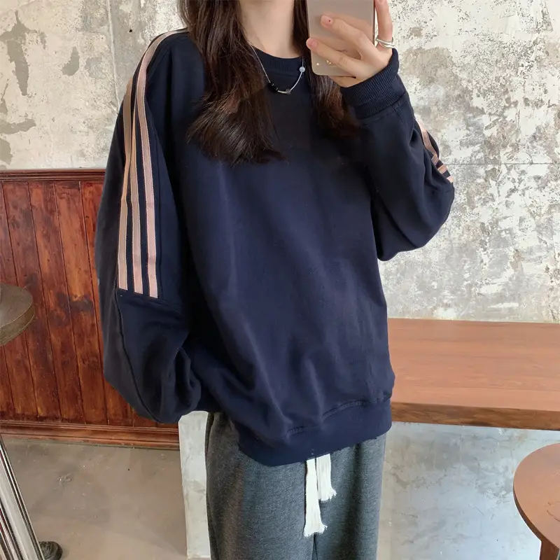Women Long Sleeve Sweatshirt Navy Orange Stripes — feature 32