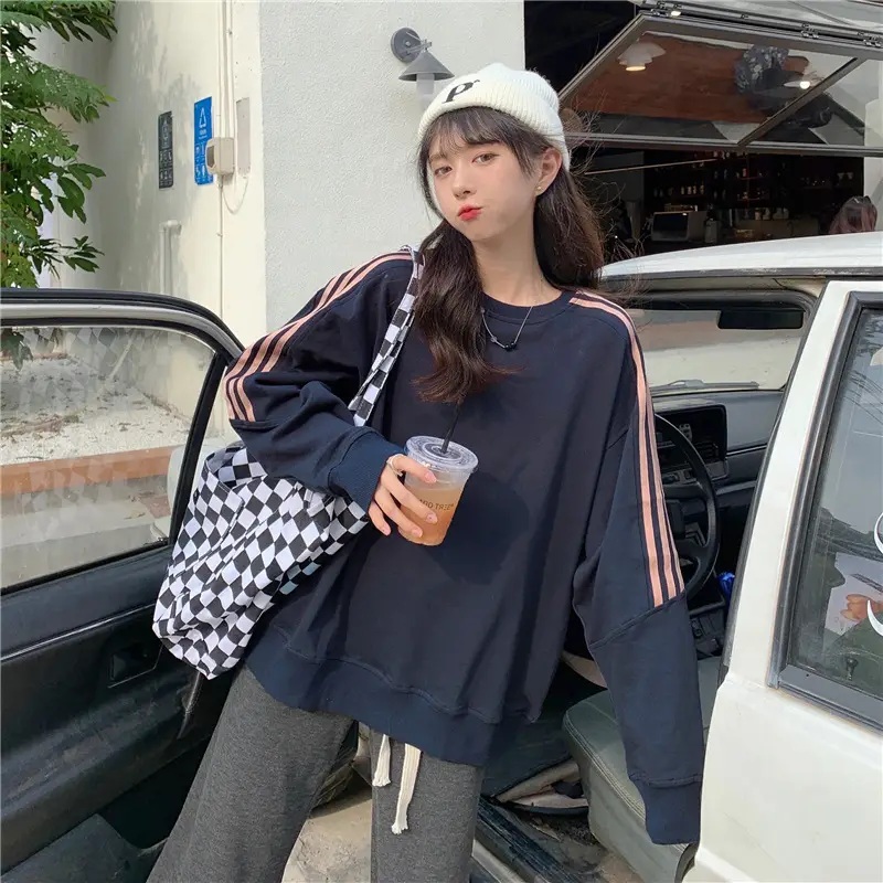 Women Long Sleeve Sweatshirt Navy Orange Stripes — feature 33