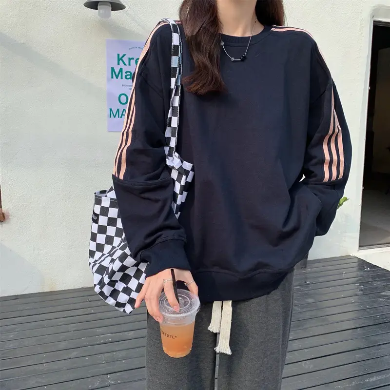 Women Long Sleeve Sweatshirt Navy Orange Stripes — feature 34
