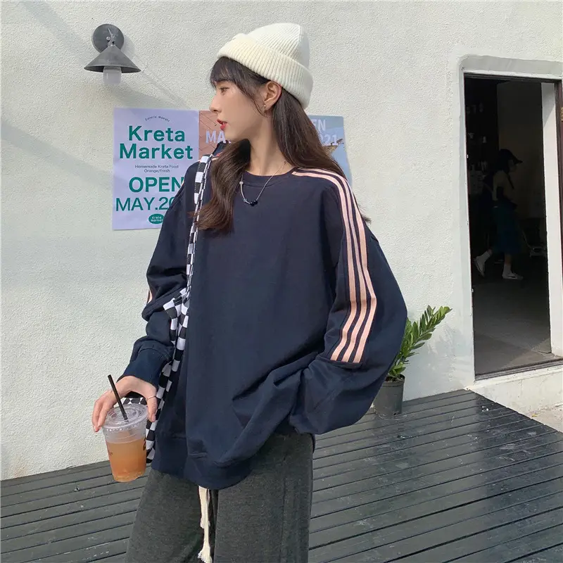 Women Long Sleeve Sweatshirt Navy Orange Stripes — feature 35