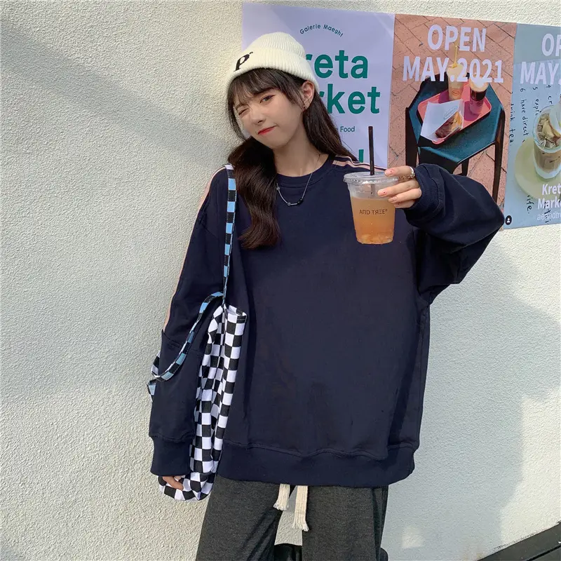 Women Long Sleeve Sweatshirt Navy Orange Stripes — feature 36