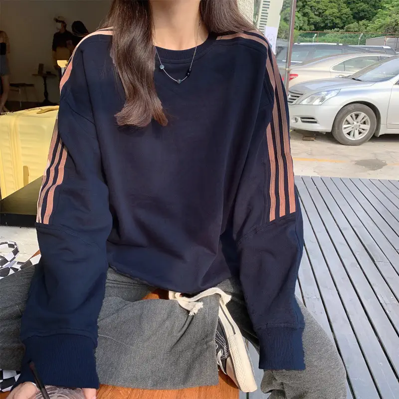 Women Long Sleeve Sweatshirt Navy Orange Stripes — feature 38