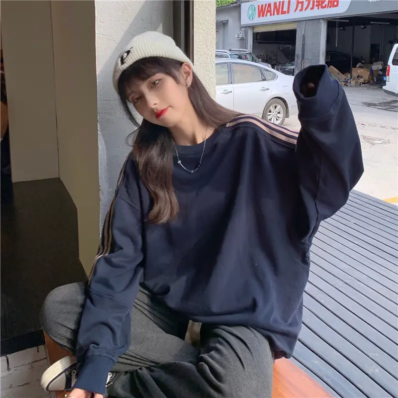 Women Long Sleeve Sweatshirt Navy Orange Stripes — feature 39
