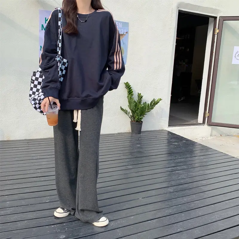 Women Long Sleeve Sweatshirt Navy Orange Stripes — feature 41