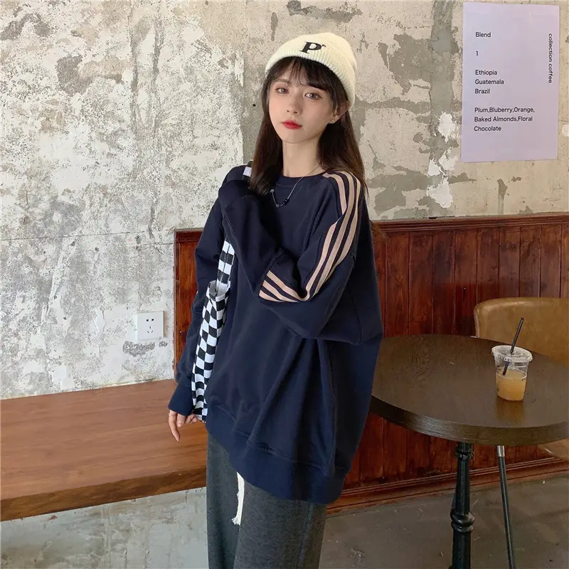Women Long Sleeve Sweatshirt Navy Orange Stripes — feature 42