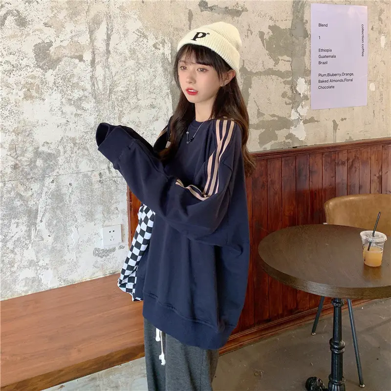Women Long Sleeve Sweatshirt Navy Orange Stripes — feature 43