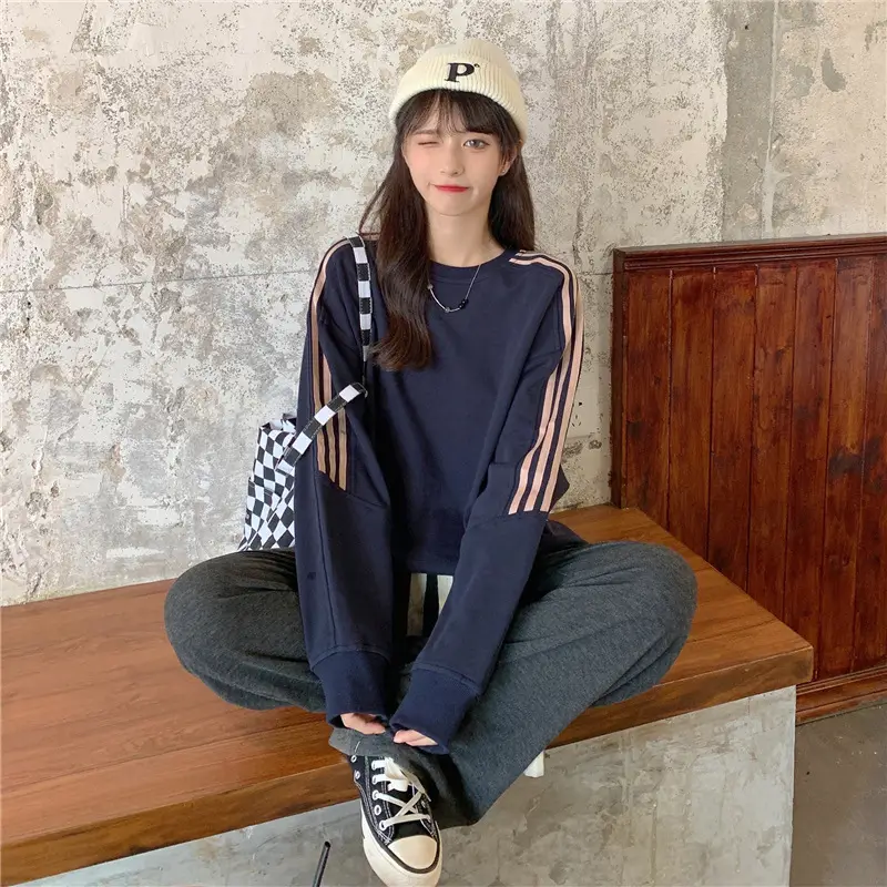 Women Long Sleeve Sweatshirt Navy Orange Stripes — feature 44