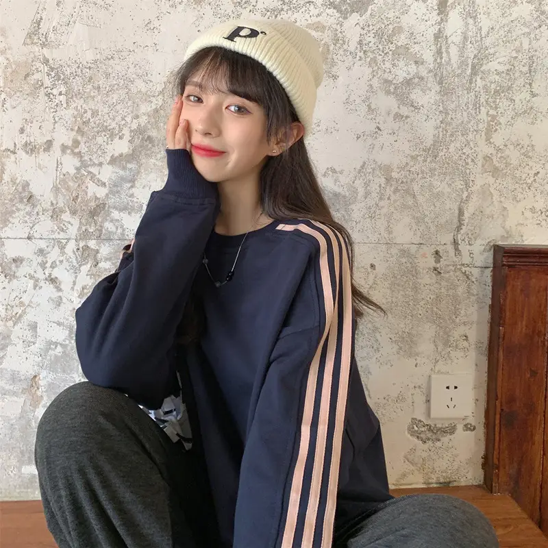 Women Long Sleeve Sweatshirt Navy Orange Stripes — feature 45