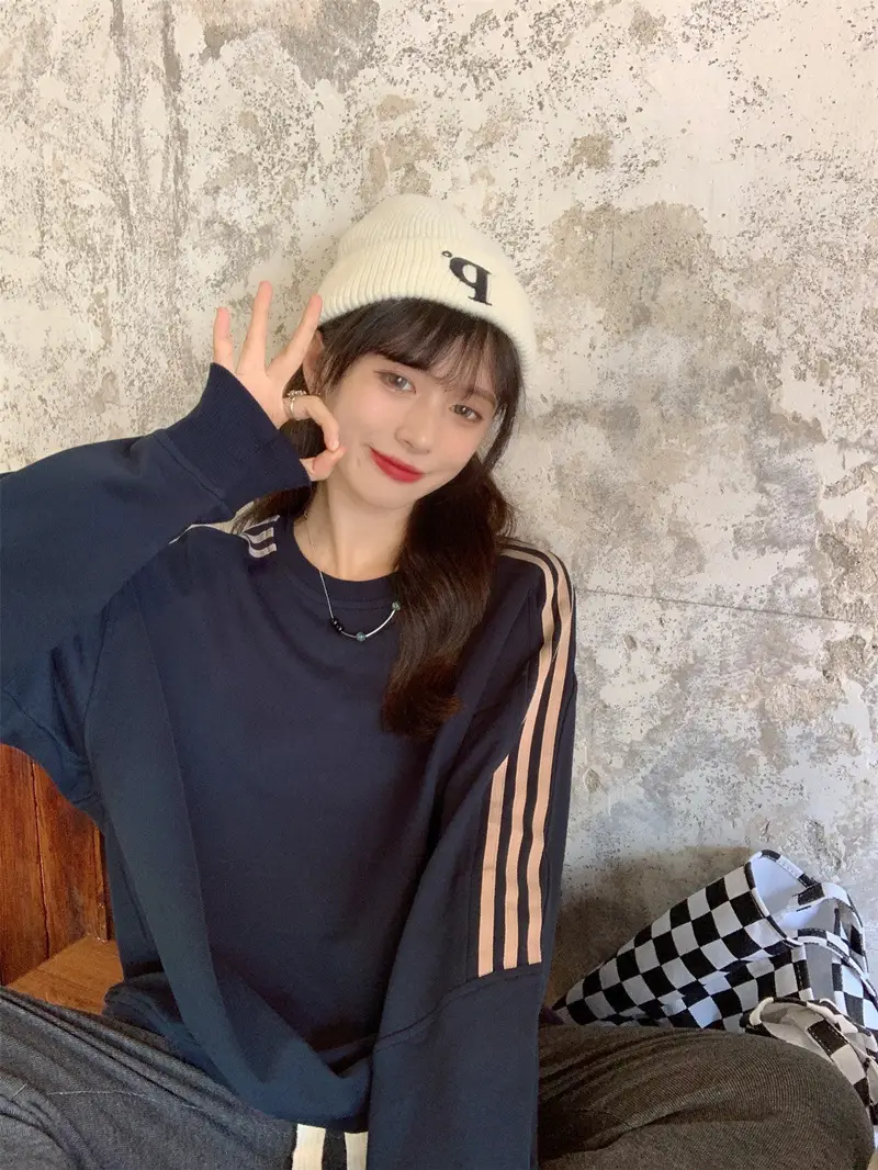 Women Long Sleeve Sweatshirt Navy Orange Stripes — feature 46