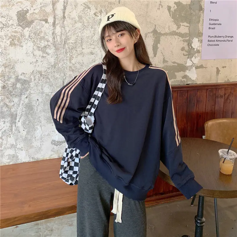 Women Long Sleeve Sweatshirt Navy Orange Stripes — feature 47