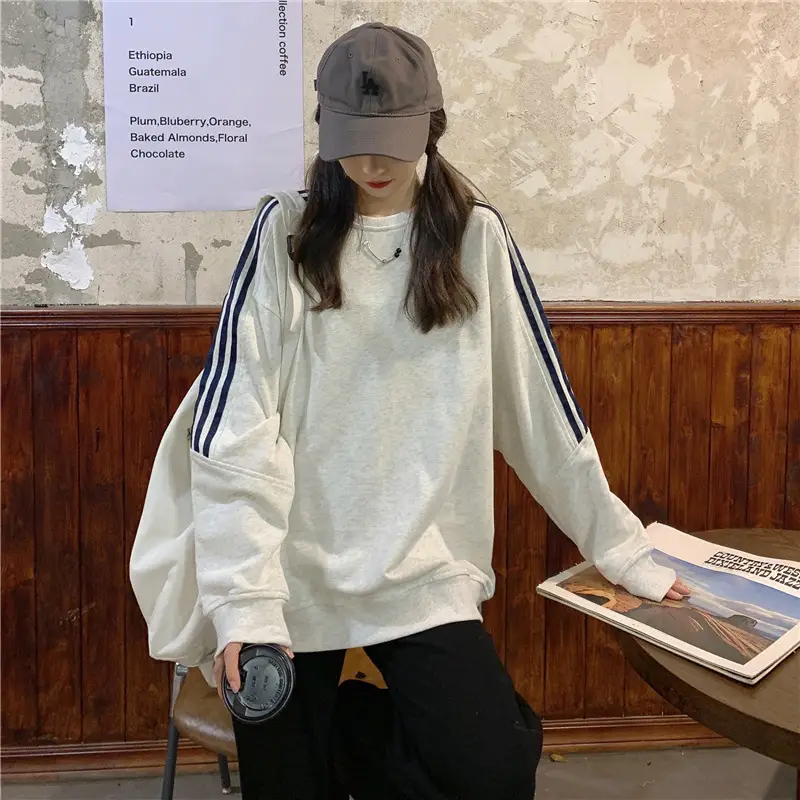 Women Long Sleeve Sweatshirt Navy Orange Stripes — feature 5