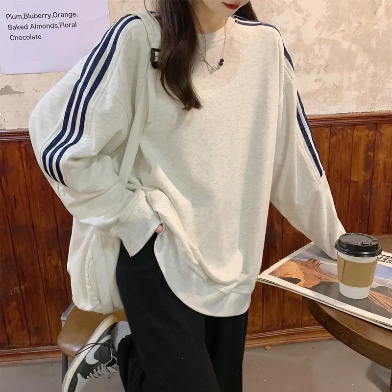 Women Long Sleeve Sweatshirt Navy Orange Stripes — feature 7