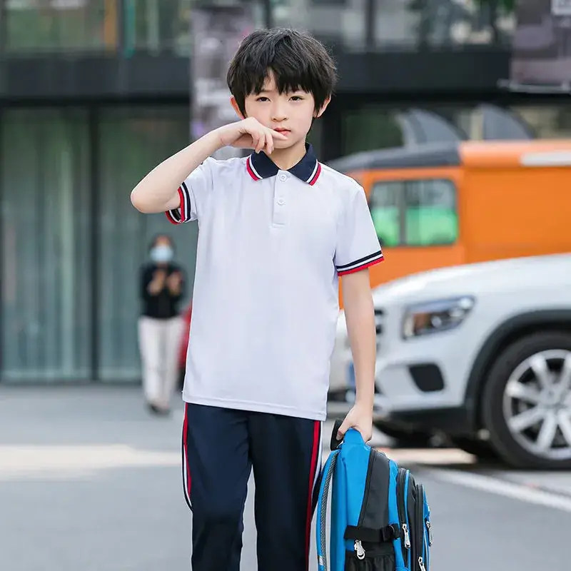 Boy's Collared Polo Shirt White Red Blue Middle School Uniform - Image 2