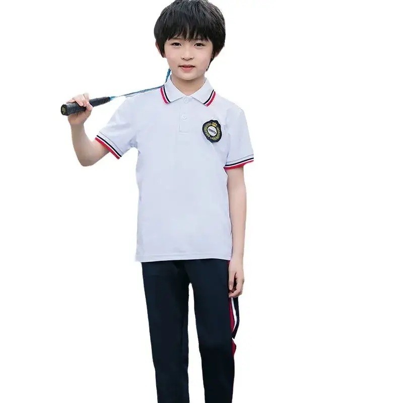 Boy's Collared Polo Shirt White Red Blue Middle School Uniform - Image 6