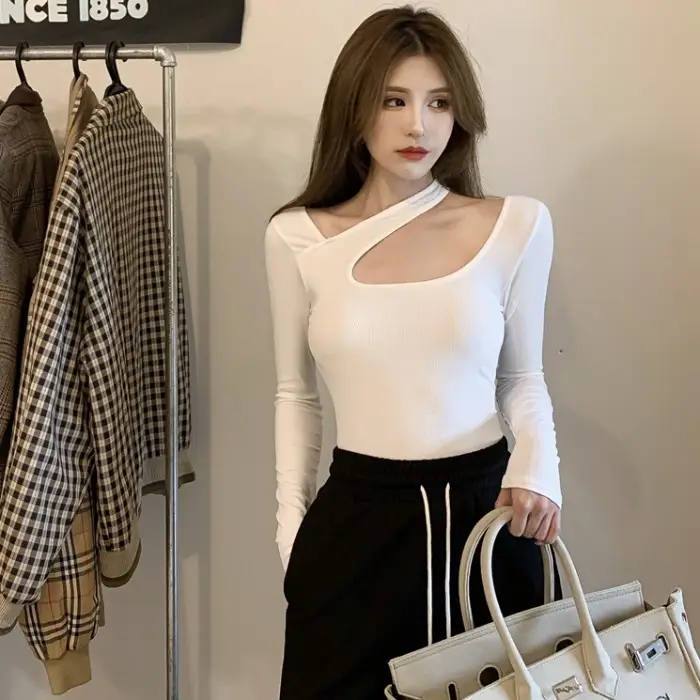 2025 Grey Halter Neck Long Sleeve T-Shirt for Women - Image 14