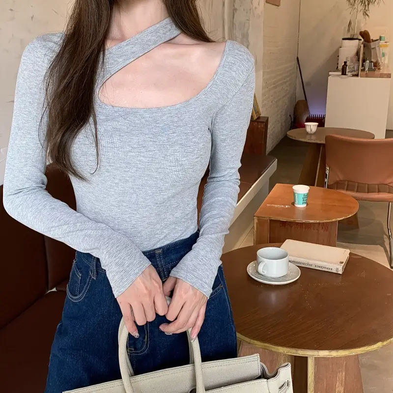 2025 Grey Halter Neck Long Sleeve T-Shirt for Women - Image 15