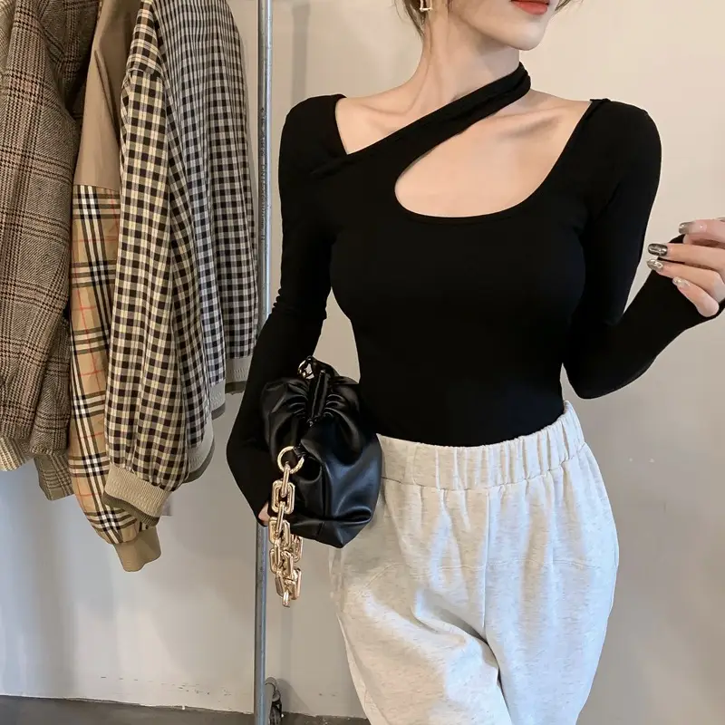 2025 Grey Halter Neck Long Sleeve T-Shirt for Women - Image 16