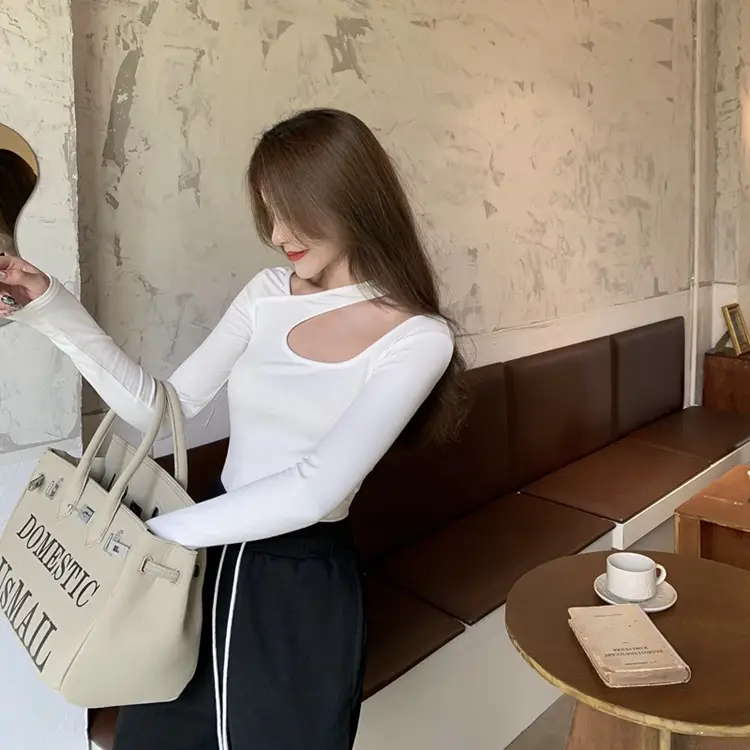 2025 Grey Halter Neck Long Sleeve T-Shirt for Women — feature 12