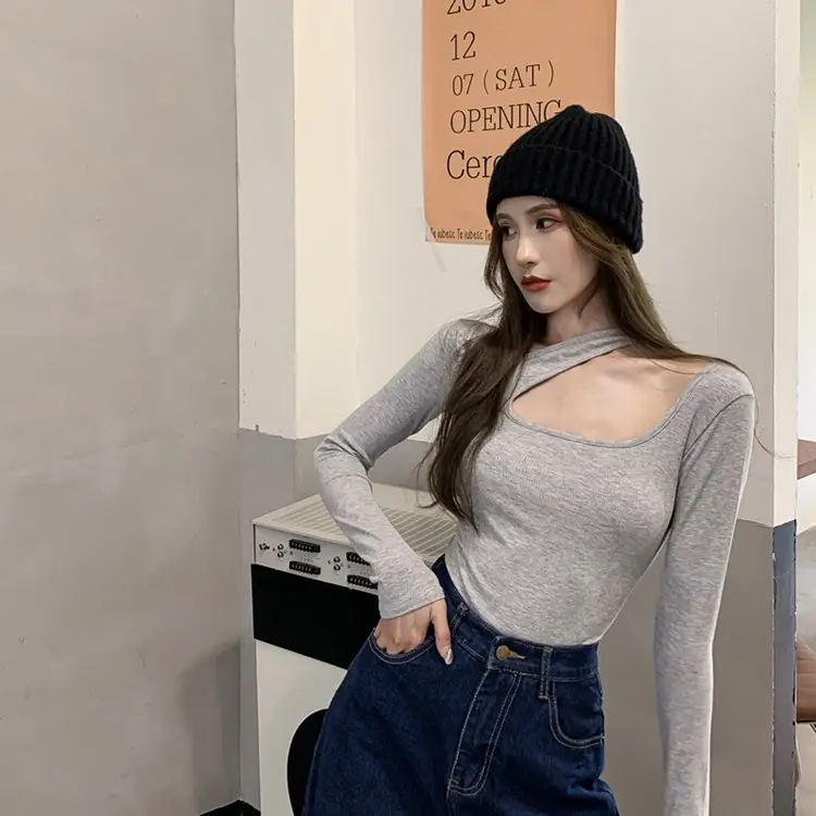 2025 Grey Halter Neck Long Sleeve T-Shirt for Women — feature 15