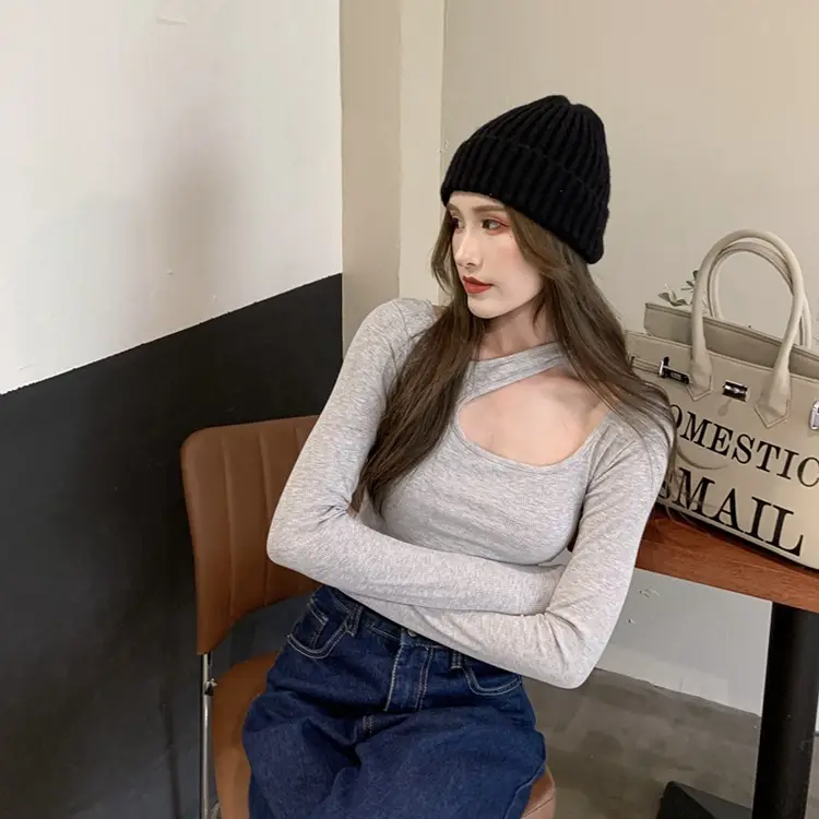 2025 Grey Halter Neck Long Sleeve T-Shirt for Women — feature 16