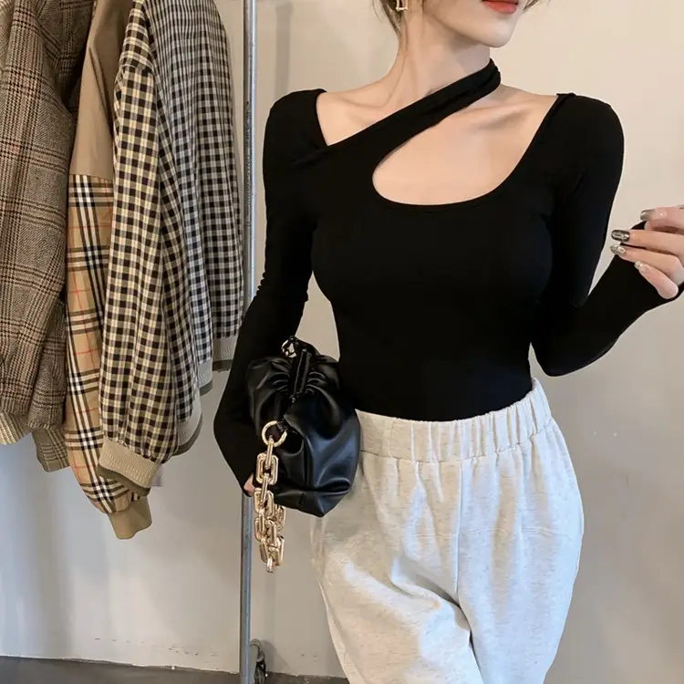2025 Grey Halter Neck Long Sleeve T-Shirt for Women — feature 3