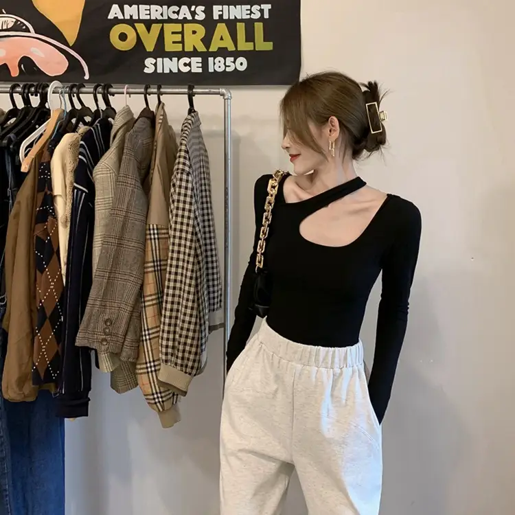 2025 Grey Halter Neck Long Sleeve T-Shirt for Women — feature 5